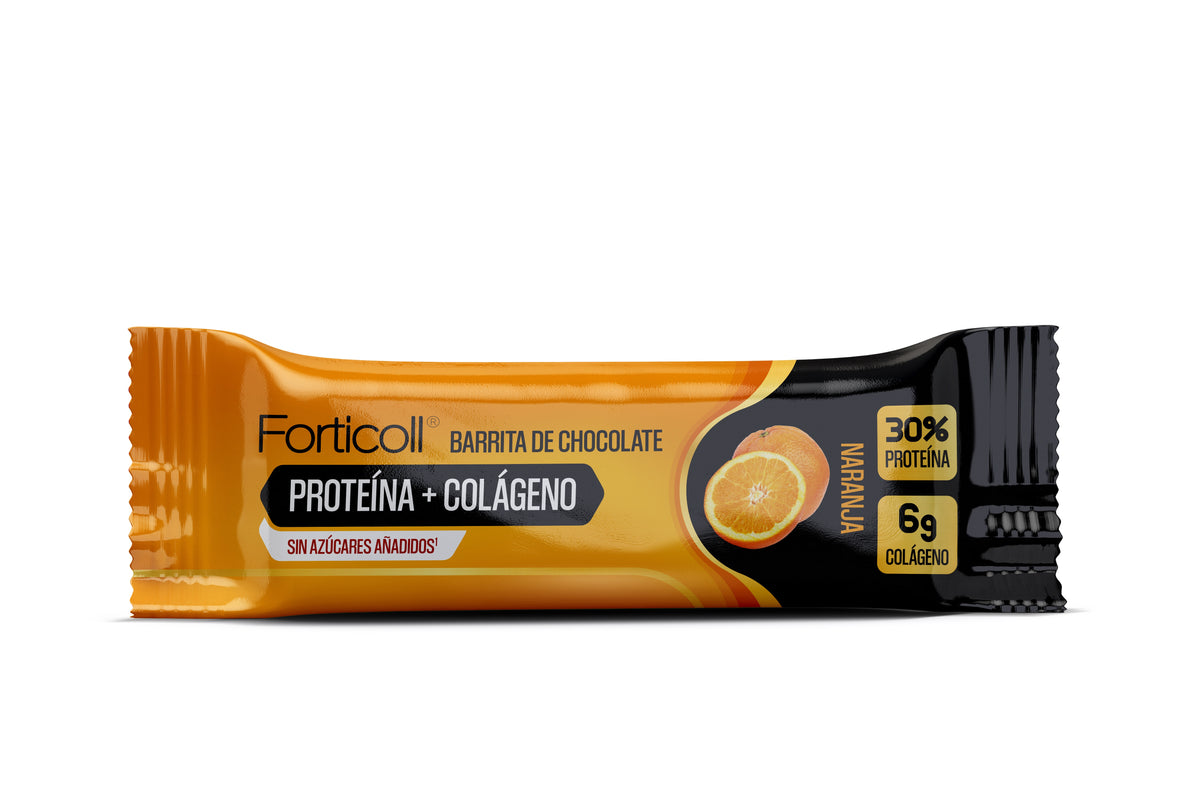 Barrita de Chocolate de Proteína + Colágeno Naranja · Forticoll · 50 gramos