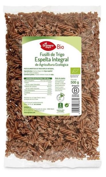 Fusilli de Trigo Espelta Integral · El Granero Integral · 500 gramos