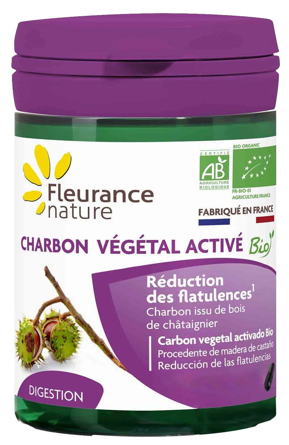 Carbón Vegetal Activado Bio · Fleurance Nature · 60 cápsulas