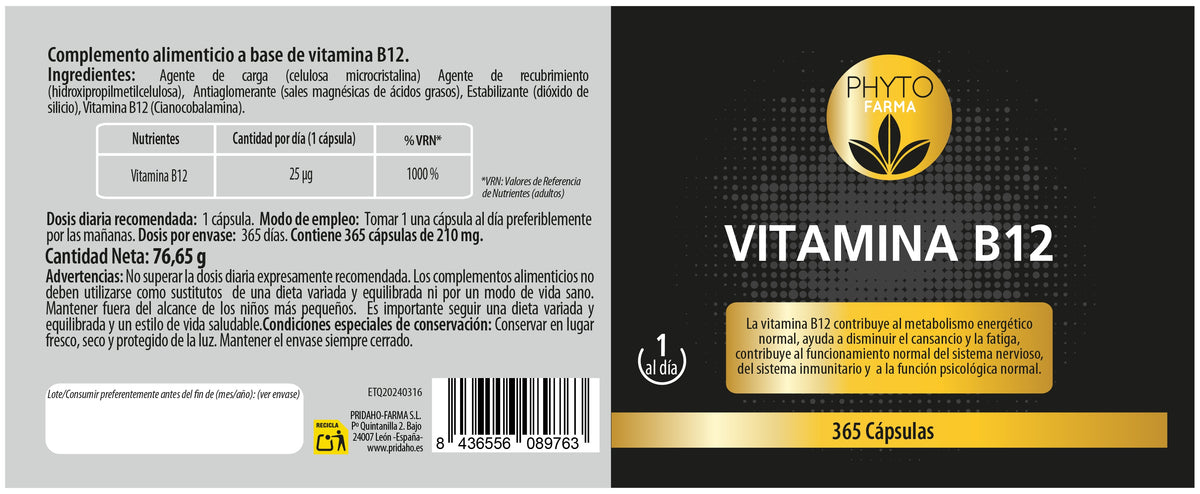 Vitamina B12 · Phytofarma · 365 cápsulas