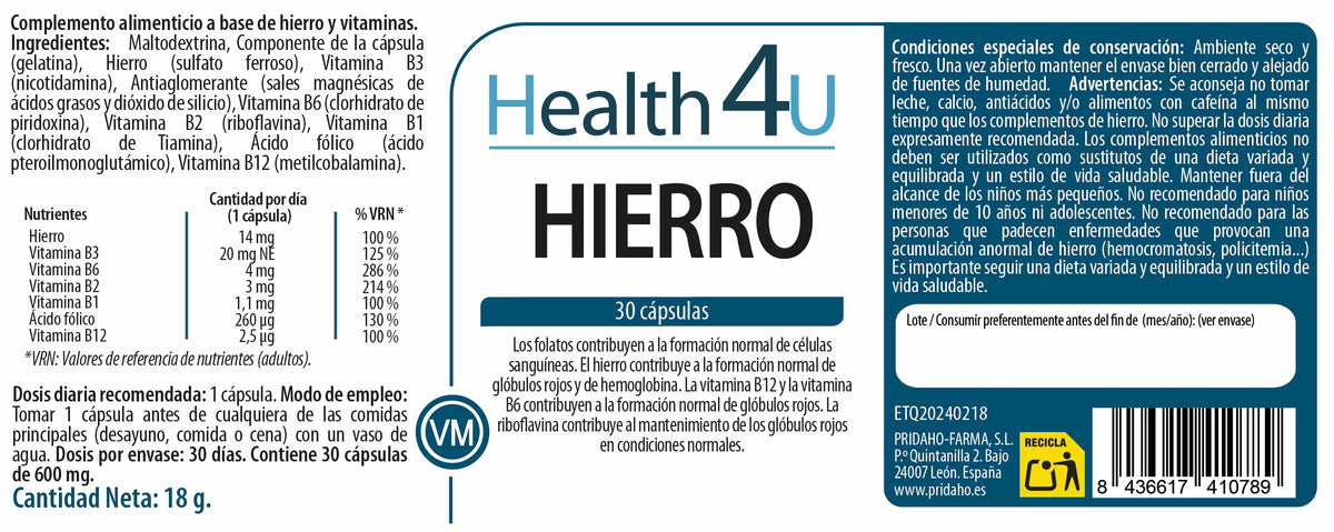 Hierro · Health4U · 30 cápsulas