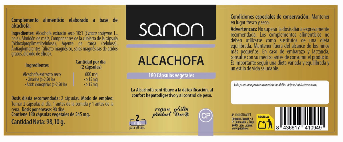 Alcachofa · Sanon · 180 cápsulas