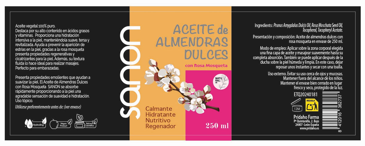 Aceite de Almendras con Rosa Mosqueta · Sanon · 250 ml