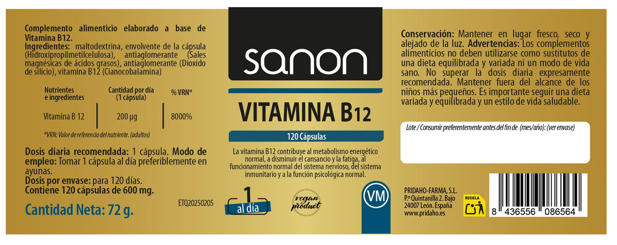 Vitamina B12 · Sanon · 120 cápsulas