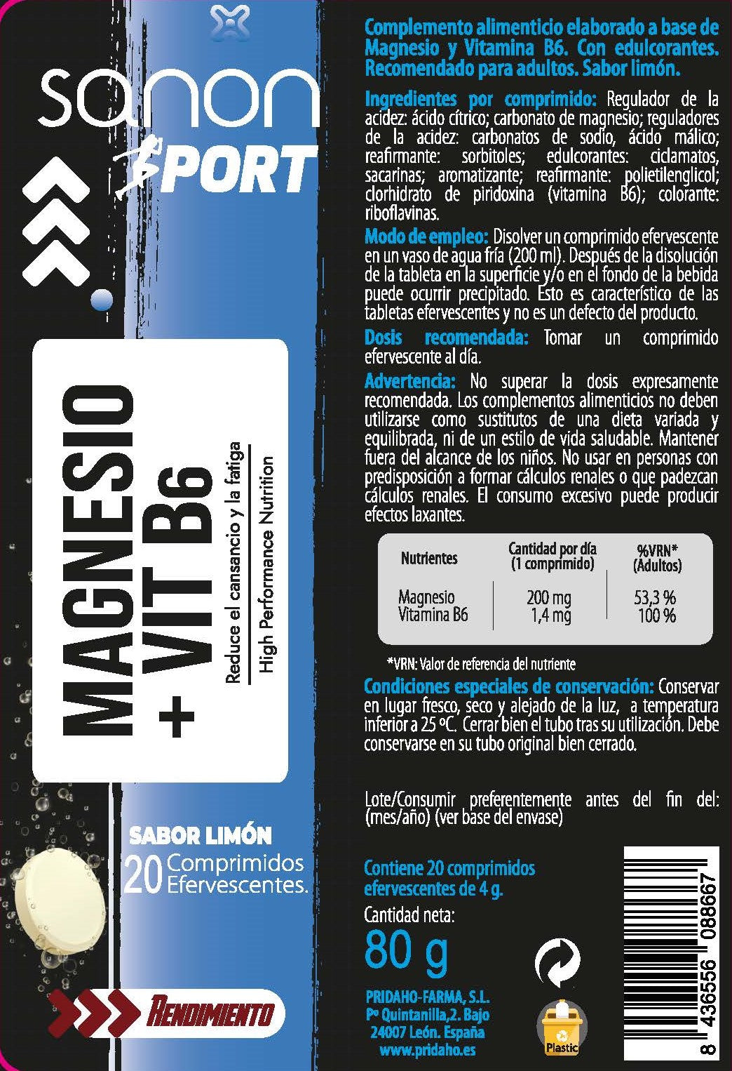 Magnesio + Vitamina B6 · Sanon Sport · 20 comprimidos efervescentes