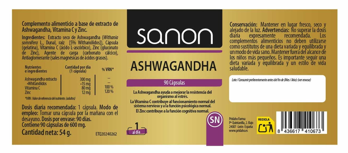 Ashwagandha · Sanon · 90 cápsulas
