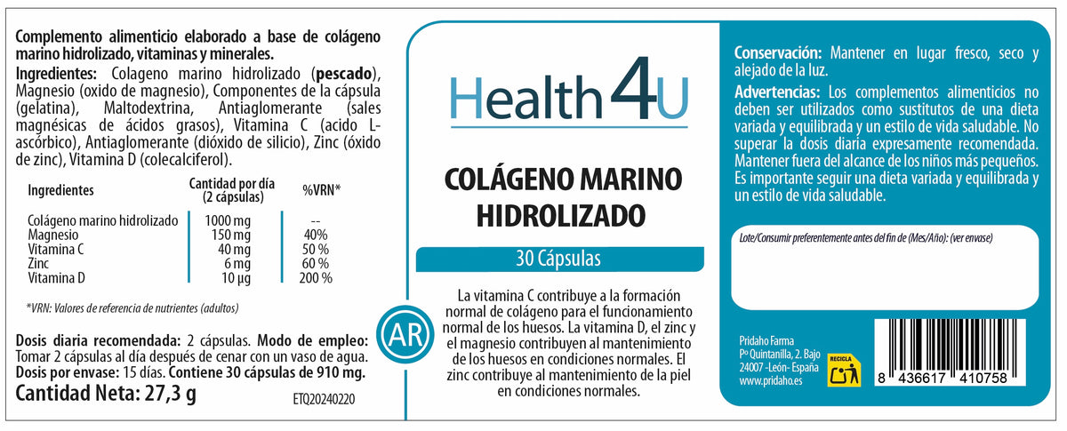 Colágeno Marino Hidrolizado · Health4U · 30 cápsulas