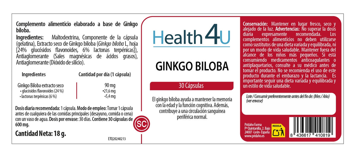 Ginkgo Biloba · Health4U · 30 cápsulas