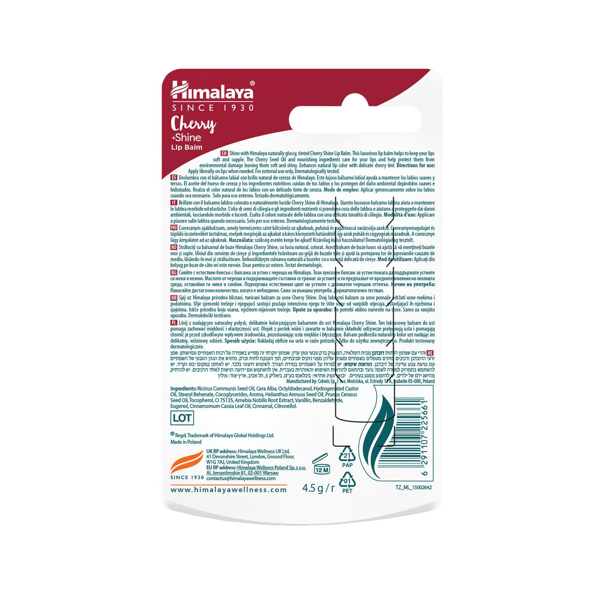 Bálsamo Labial Cherry Shine · Himalaya · 4,5 gramos
