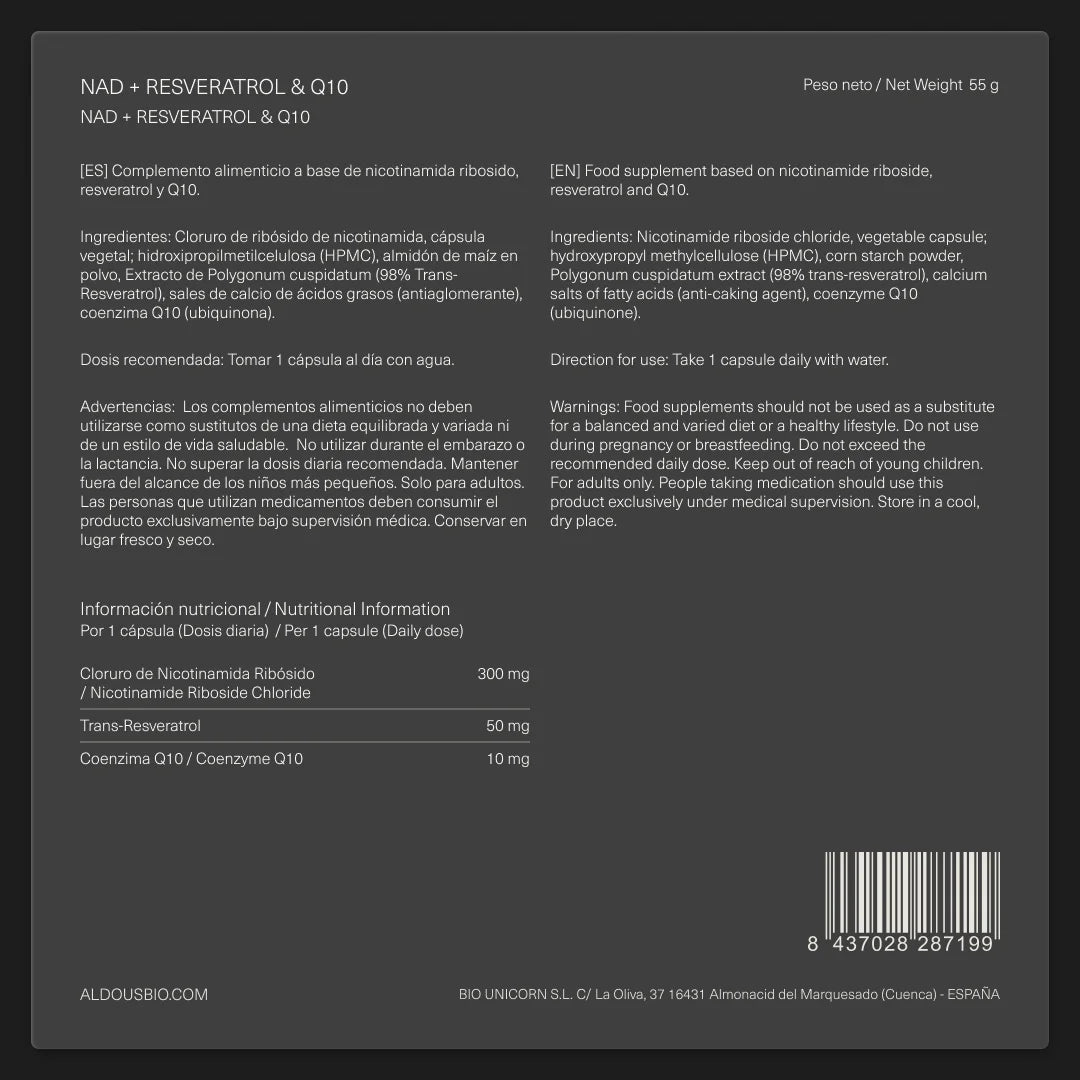 NAD+ con Resveratrol · Aldous · 100 cáps.